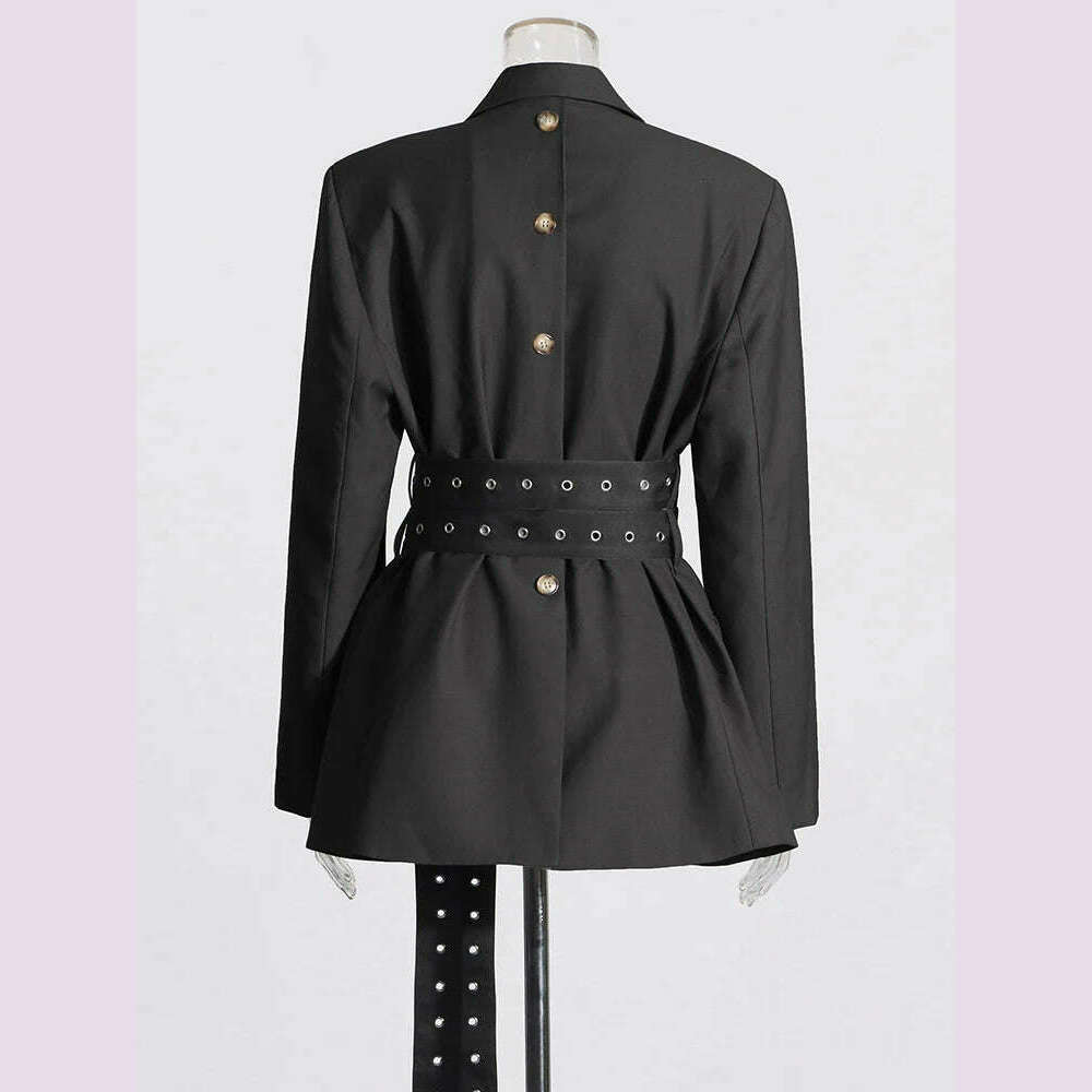 KIMLUD, VGH Patchwork Belt Elegant Blazers For Women Notched Collar Long Sleeve Spliced Button Slimming Solid Blazer Female Style New, KIMLUD Womens Clothes