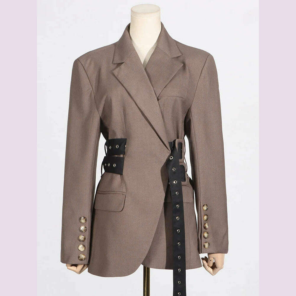 KIMLUD, VGH Patchwork Belt Elegant Blazers For Women Notched Collar Long Sleeve Spliced Button Slimming Solid Blazer Female Style New, KIMLUD Womens Clothes