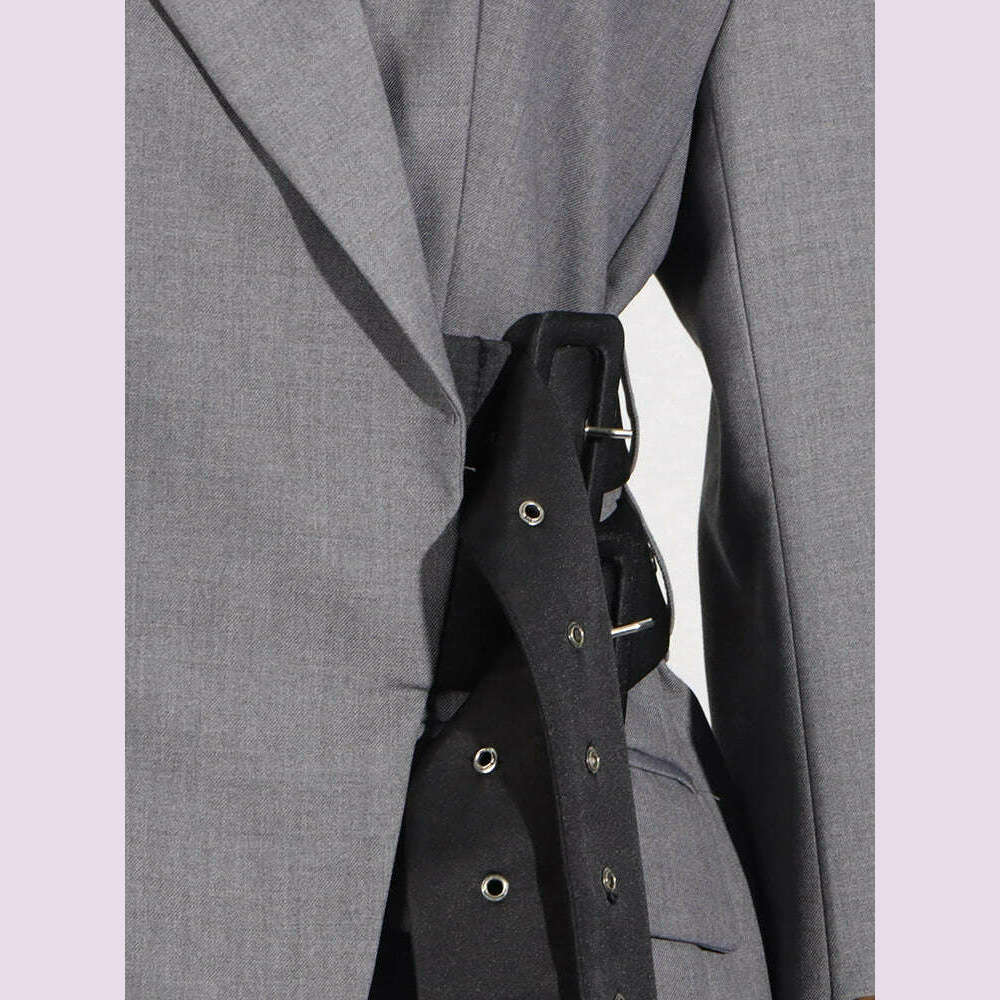 KIMLUD, VGH Patchwork Belt Elegant Blazers For Women Notched Collar Long Sleeve Spliced Button Slimming Solid Blazer Female Style New, KIMLUD Womens Clothes