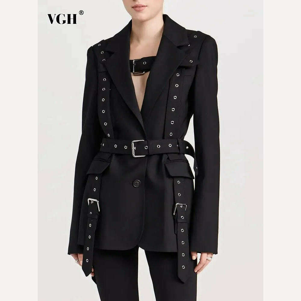 KIMLUD, VGH Patchwork Belt Solid Slimming Blazers For Women Notched Collar Long Sleeve Spliced Pockets Streetwear Blazer Female Fashion, KIMLUD Womens Clothes