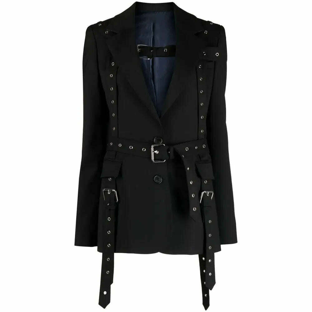 KIMLUD, VGH Patchwork Belt Solid Slimming Blazers For Women Notched Collar Long Sleeve Spliced Pockets Streetwear Blazer Female Fashion, Black / S, KIMLUD Womens Clothes