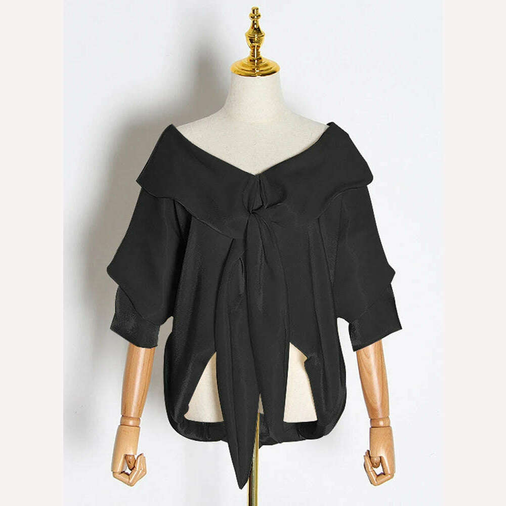 KIMLUD, VGH Patchwork Bow Lace Up Shirts For Women Slash Neck Batwing Sleeve Irregular Hem Open Stitch Blouse Female Autumn Fashion New, black / S, KIMLUD APPAREL - Womens Clothes