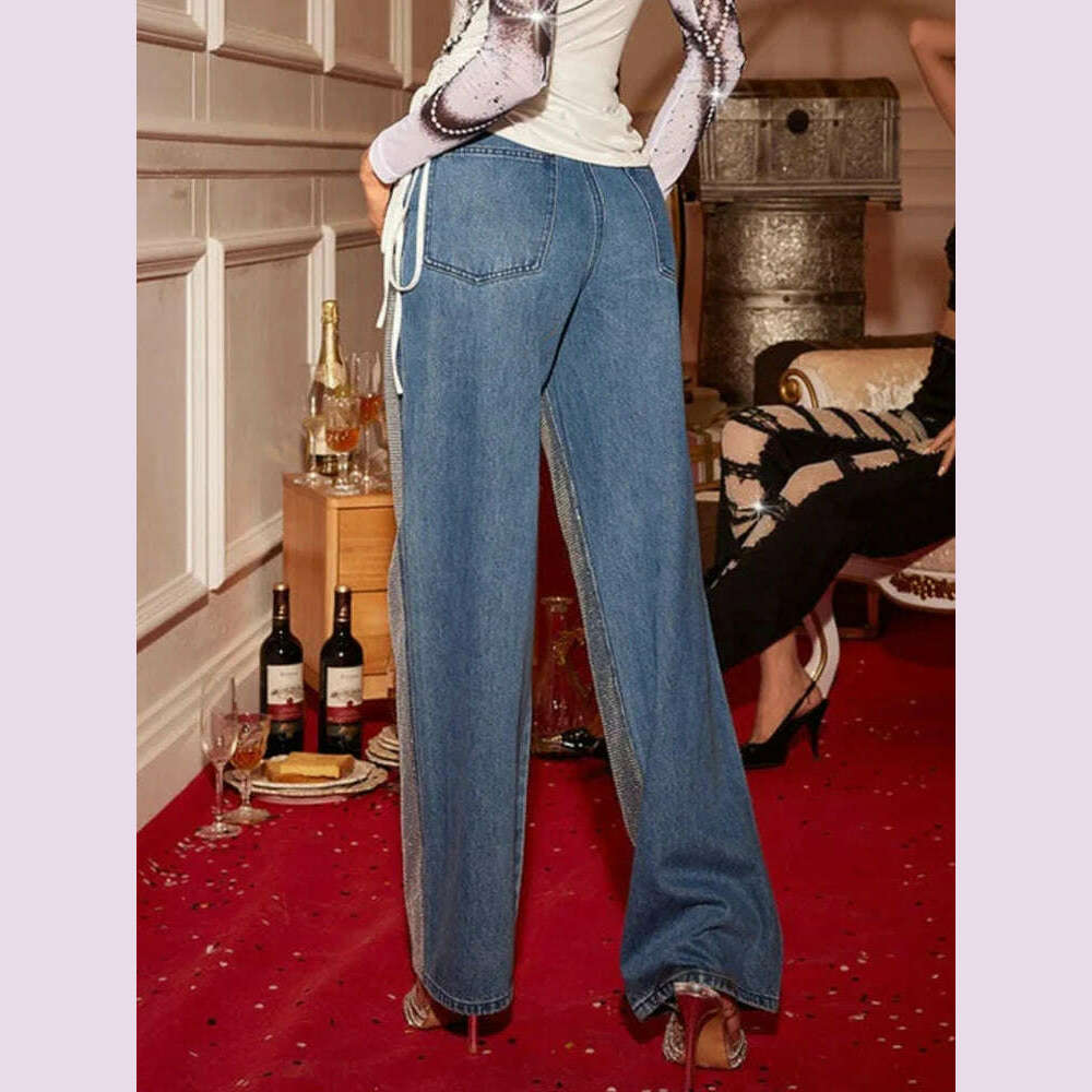 KIMLUD, VGH Patchwork Diamonds Fashion Straight Jeans For Women High Waist Casual Loose Denim Wide Leg Pants Female Clothing Style New, KIMLUD Womens Clothes