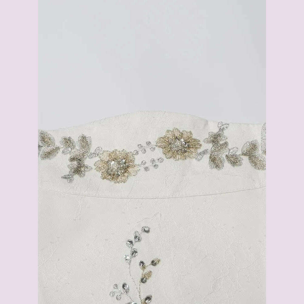 KIMLUD, VGH Patchwork Embroidery Two Piece Set For Women Stand Collar Lantern Sleeve Tops High Waist Skirts Solid Sets Female Fashion, KIMLUD Womens Clothes