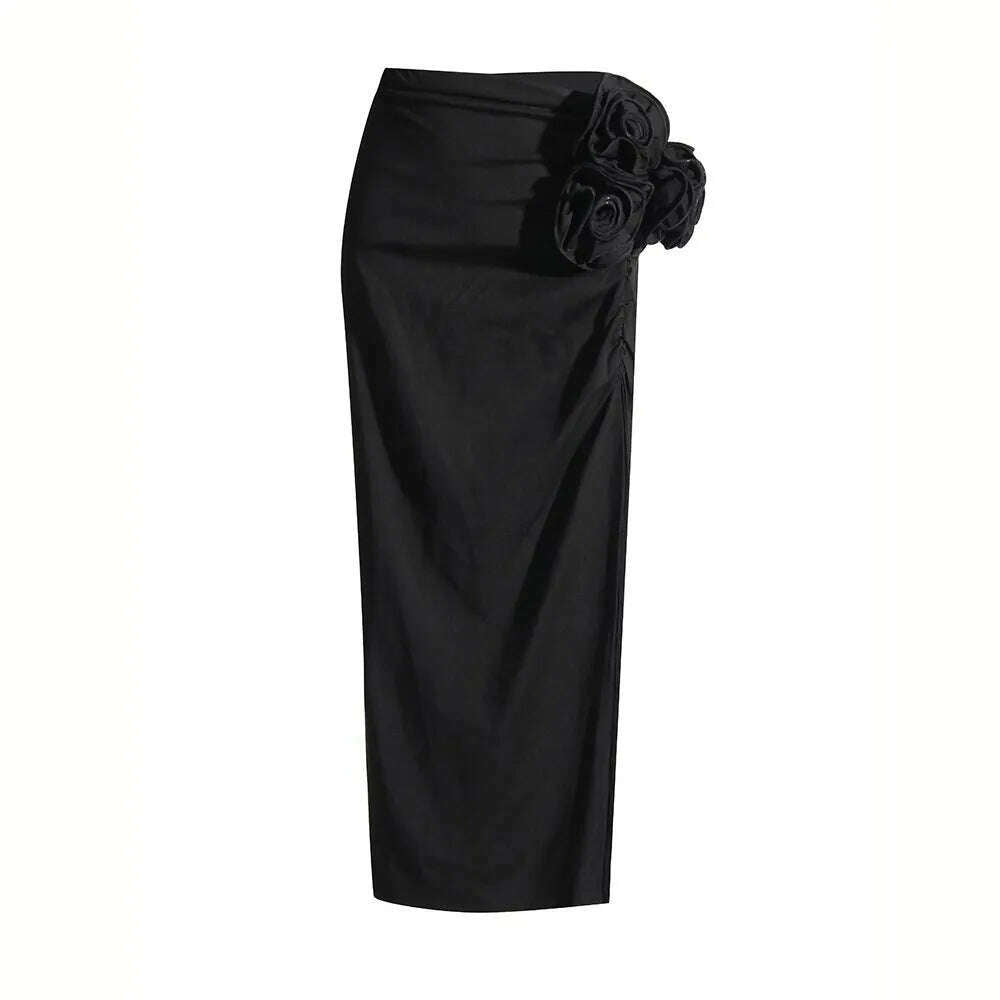 KIMLUD, VGH Patchwork Floral Solid Slimming Skirts For Women High Waist Split Thigh Folds Bodycon Sexy Skirt Female Fashion Clothing New, BLACK / XL, KIMLUD Womens Clothes