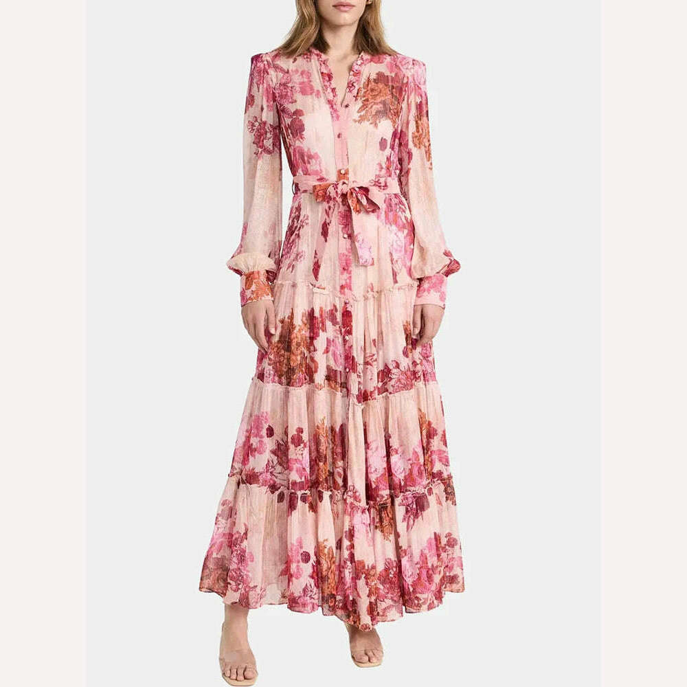 VGH Patchwork Lace Up Printing Vintage Dresses For Women Round Neck Long Sleeve High Waist Spliced Button Elegant Dress Female - KIMLUD
