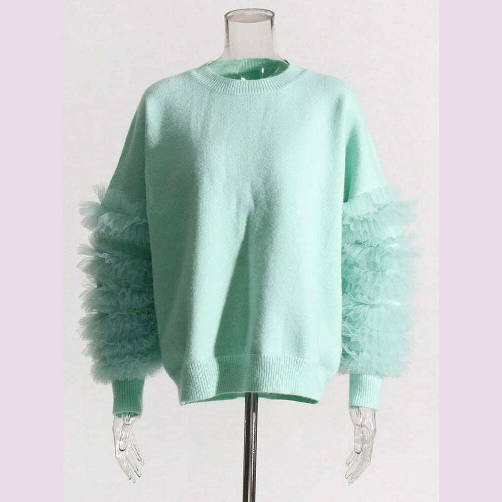 KIMLUD, VGH Patchwork Mesh Knitting Sweaters For Women Round Neck Long Sleeve Colorblock Casual Loose Pullover Sweater Female Fashion, KIMLUD Womens Clothes