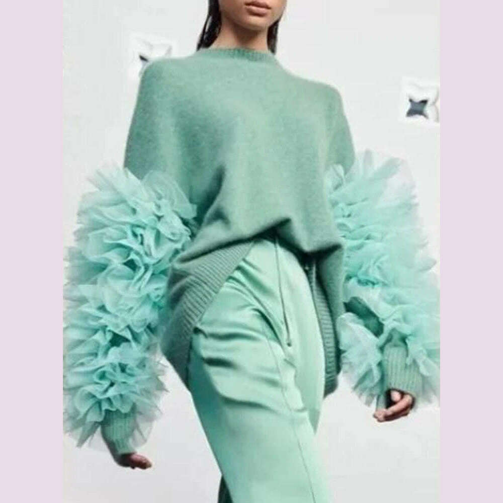 KIMLUD, VGH Patchwork Mesh Knitting Sweaters For Women Round Neck Long Sleeve Colorblock Casual Loose Pullover Sweater Female Fashion, KIMLUD Womens Clothes