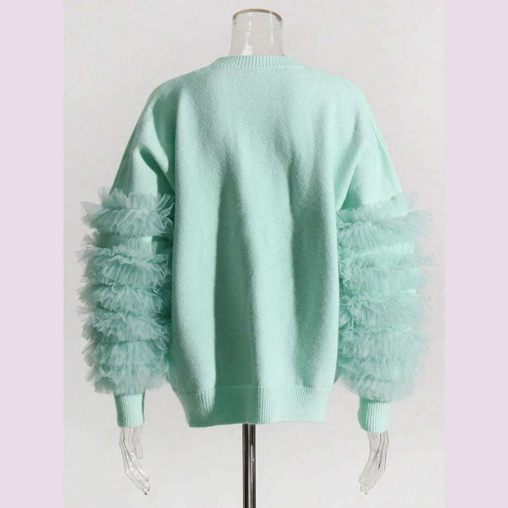 KIMLUD, VGH Patchwork Mesh Knitting Sweaters For Women Round Neck Long Sleeve Colorblock Casual Loose Pullover Sweater Female Fashion, KIMLUD Womens Clothes