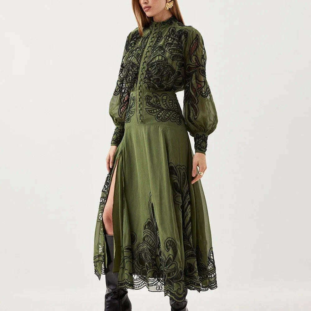 KIMLUD, VGH Patchwork Single Breasted Split Dress For Women Stand Collar Long Sleeve Hollow Out Hit Color Long Dresses Female Fashion, KIMLUD Womens Clothes