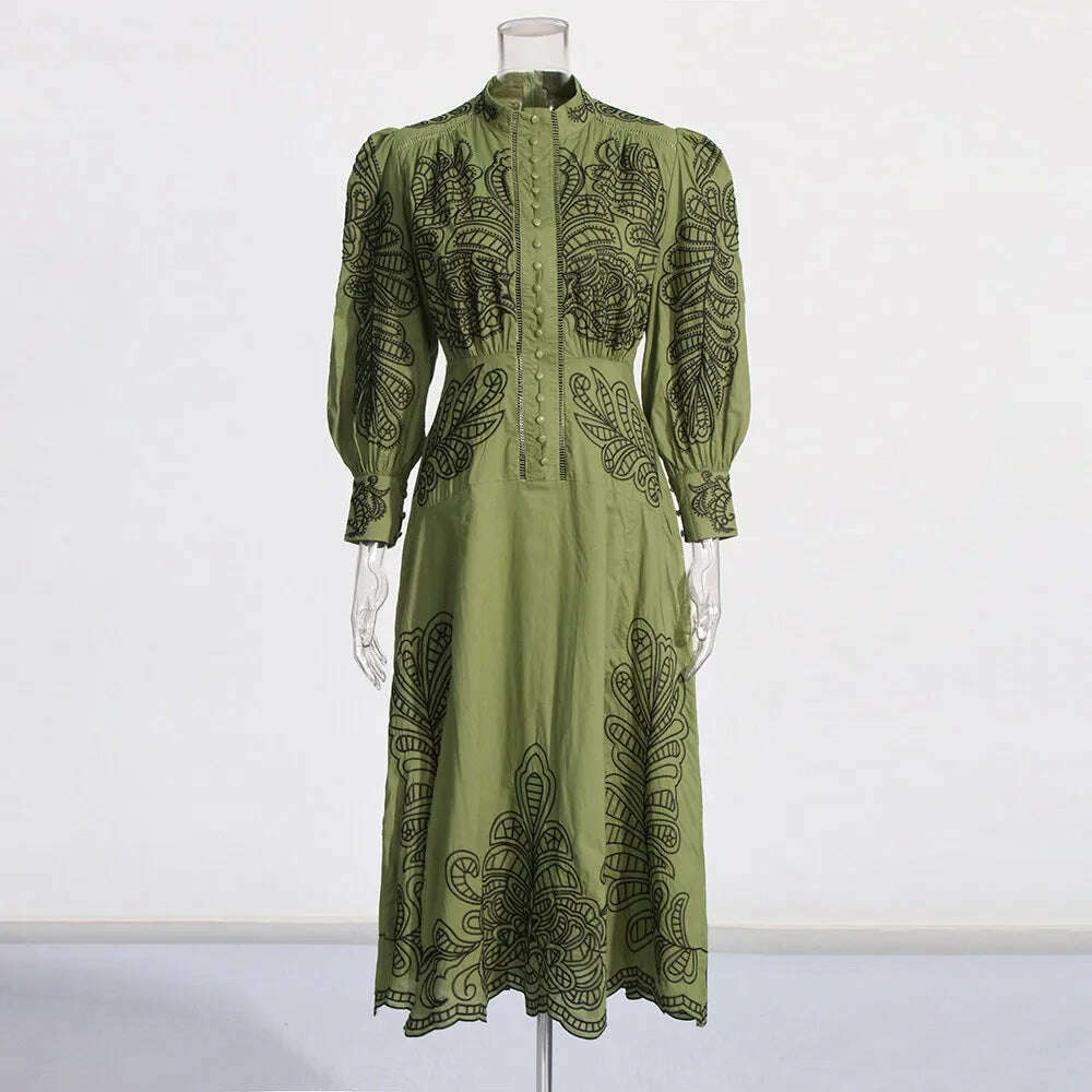 KIMLUD, VGH Patchwork Single Breasted Split Dress For Women Stand Collar Long Sleeve Hollow Out Hit Color Long Dresses Female Fashion, GREEN / S, KIMLUD APPAREL - Womens Clothes