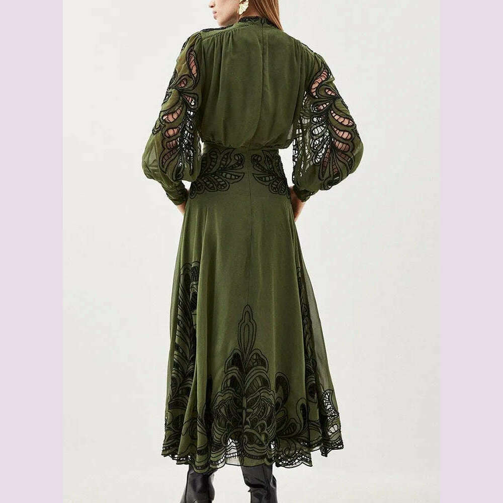 KIMLUD, VGH Patchwork Single Breasted Split Dress For Women Stand Collar Long Sleeve Hollow Out Hit Color Long Dresses Female Fashion, KIMLUD Womens Clothes