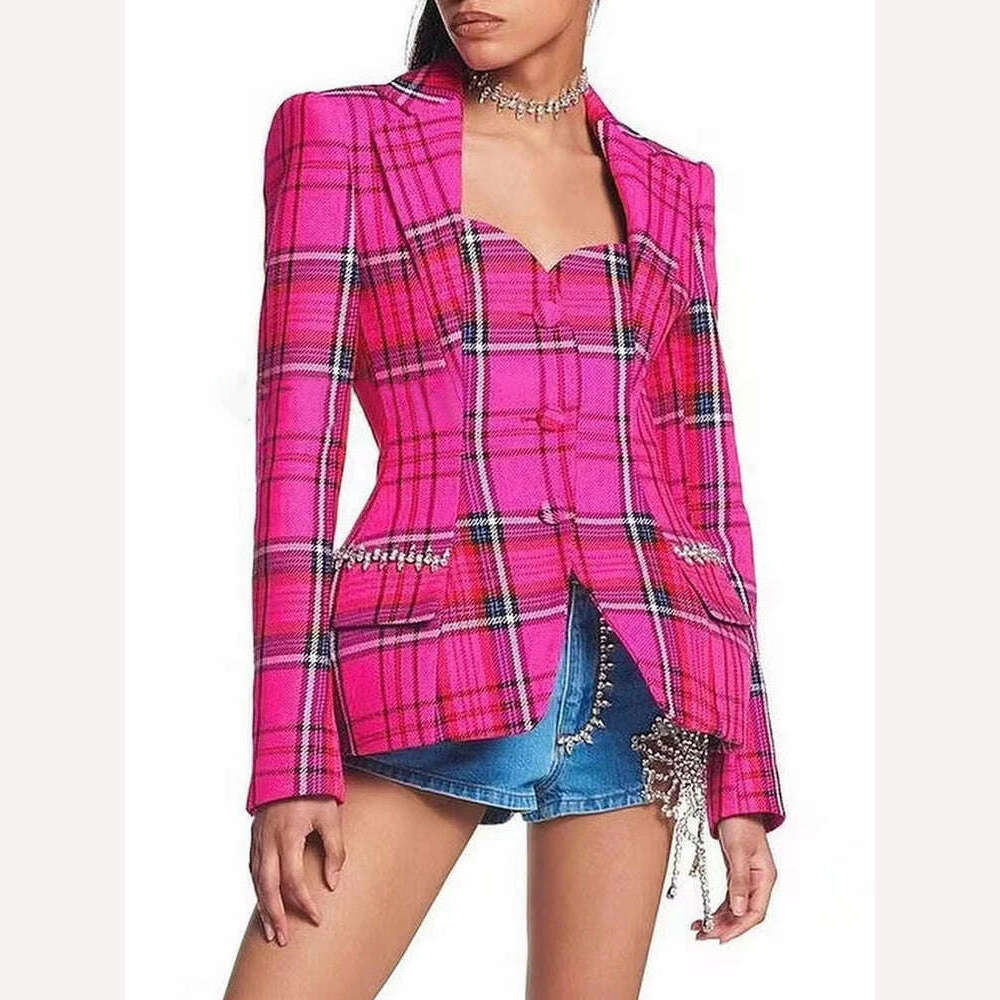 KIMLUD, VGH Plaid Colorblock Blazers For Women Notched Collar Long Sleeve Hollow Out High Waist Slimming Coats Female 2022 Fashion Style, rose / S, KIMLUD Women's Clothes