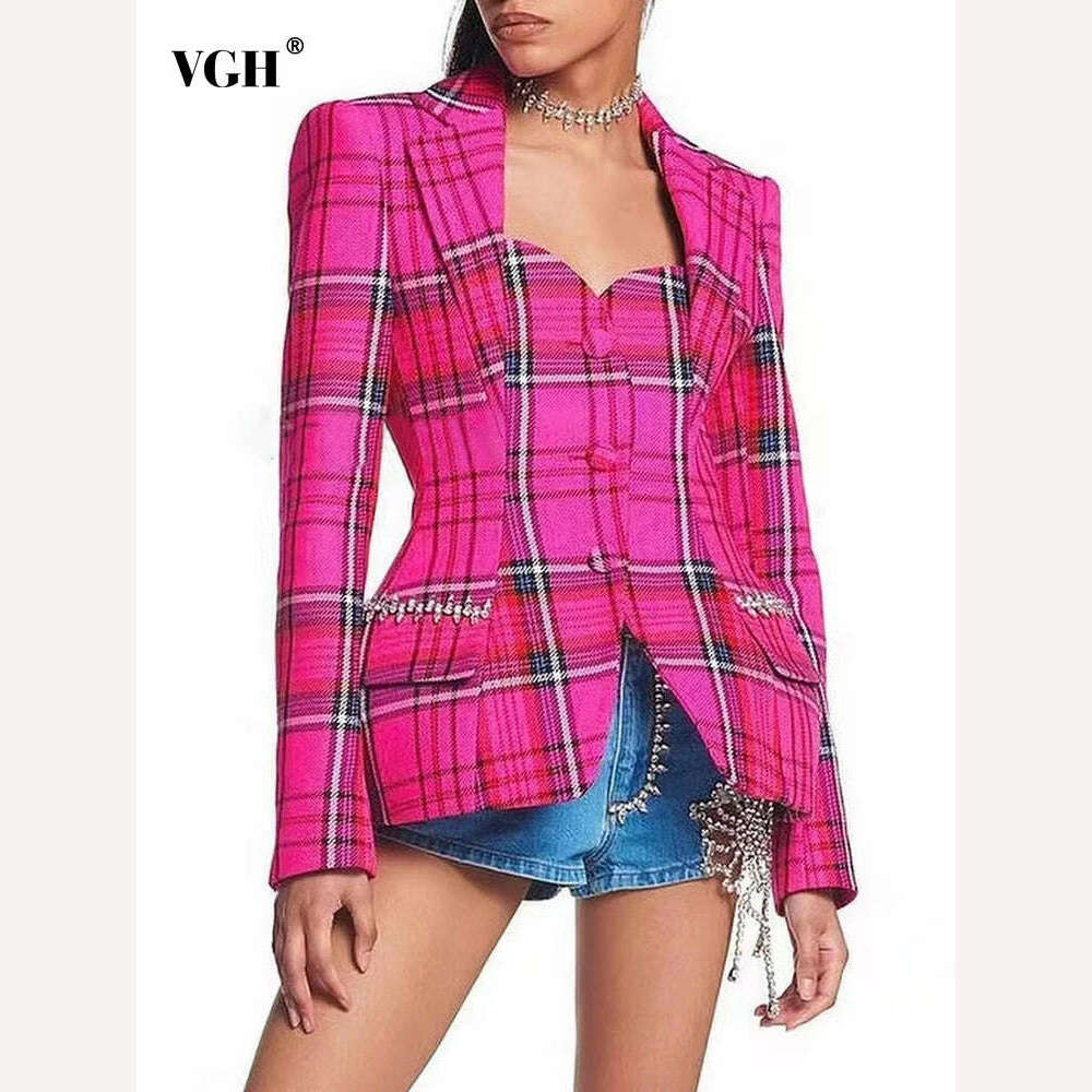 KIMLUD, VGH Plaid Colorblock Blazers For Women Notched Collar Long Sleeve Hollow Out High Waist Slimming Coats Female 2022 Fashion Style, KIMLUD Womens Clothes