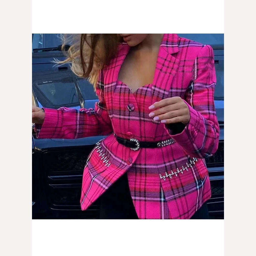 KIMLUD, VGH Plaid Colorblock Blazers For Women Notched Collar Long Sleeve Hollow Out High Waist Slimming Coats Female 2022 Fashion Style, KIMLUD Womens Clothes