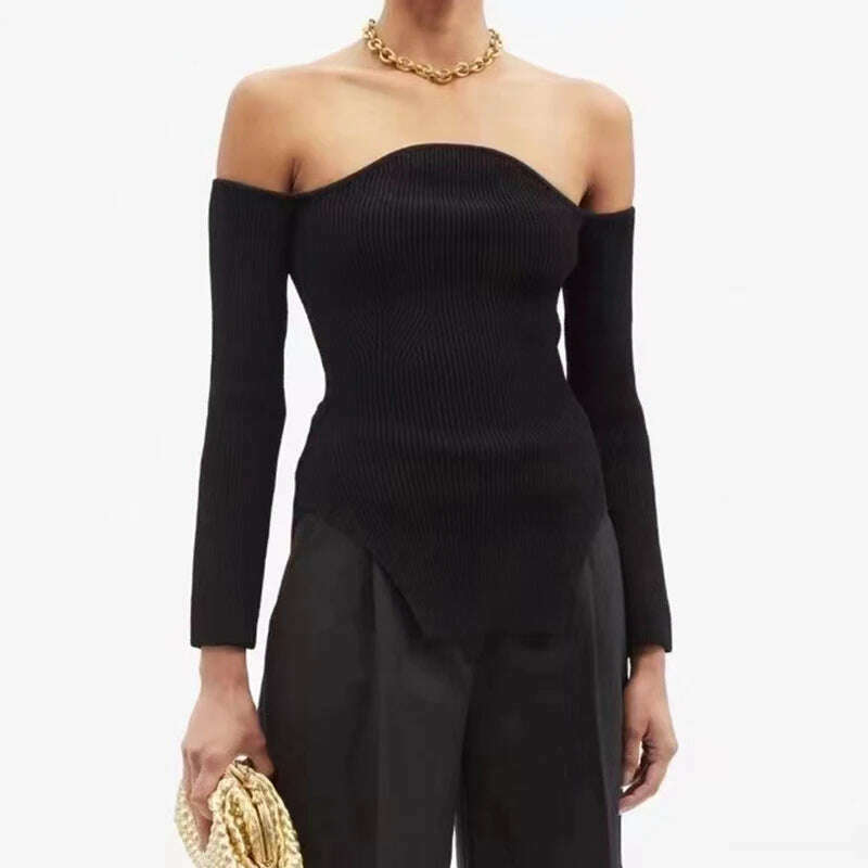 VGH Plain Slim Long Sleeve Slash Neck Knitting Sweaters For Women Casual Off Shoulder Pullovers Female 2022 Spring Clothing New - KIMLUD