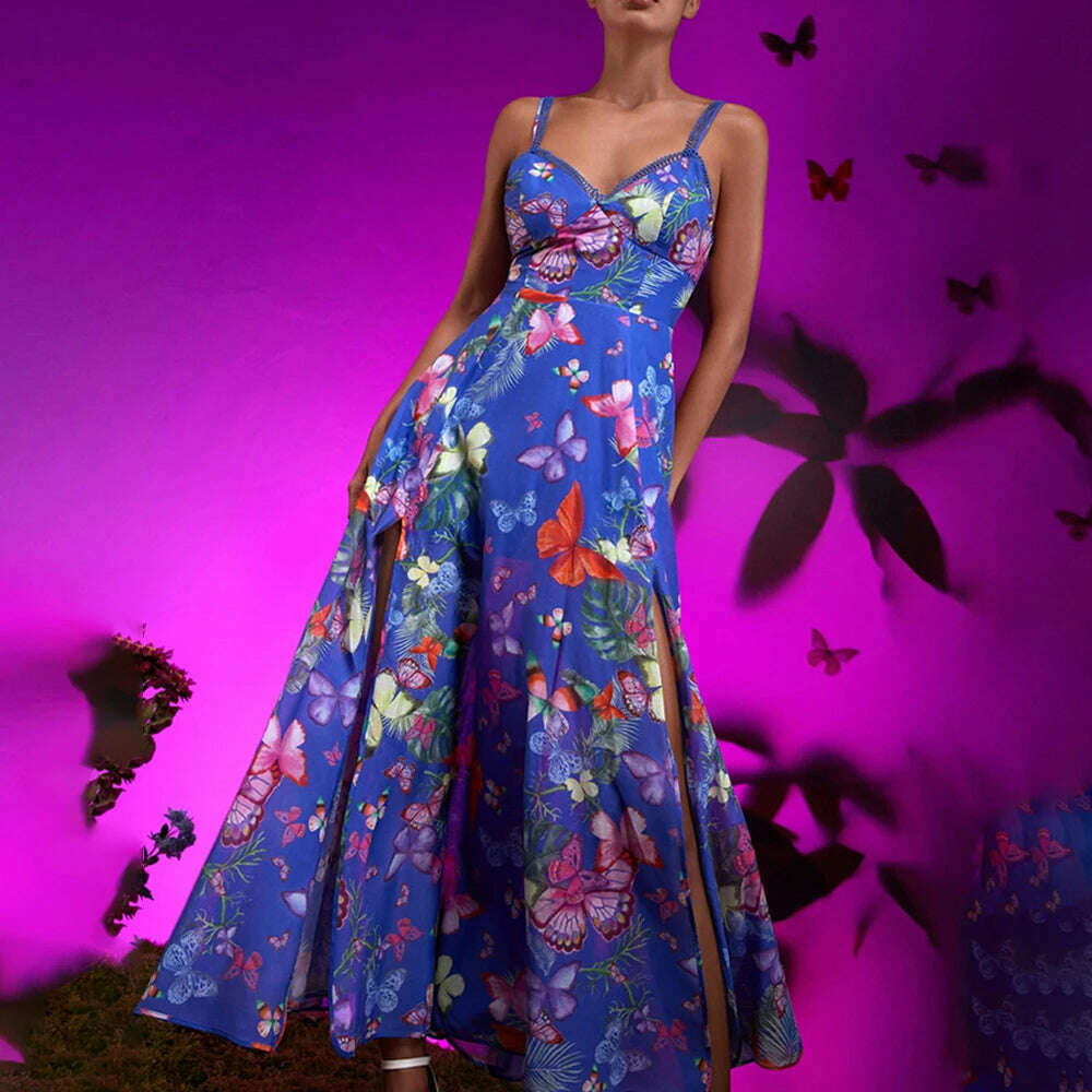 KIMLUD, VGH Printing Hit Color Long Dresses For Women Square Collar Sleeveless High Waist Temperament Camisole Dress Female Fashion New, L / BLUE, KIMLUD APPAREL - Womens Clothes