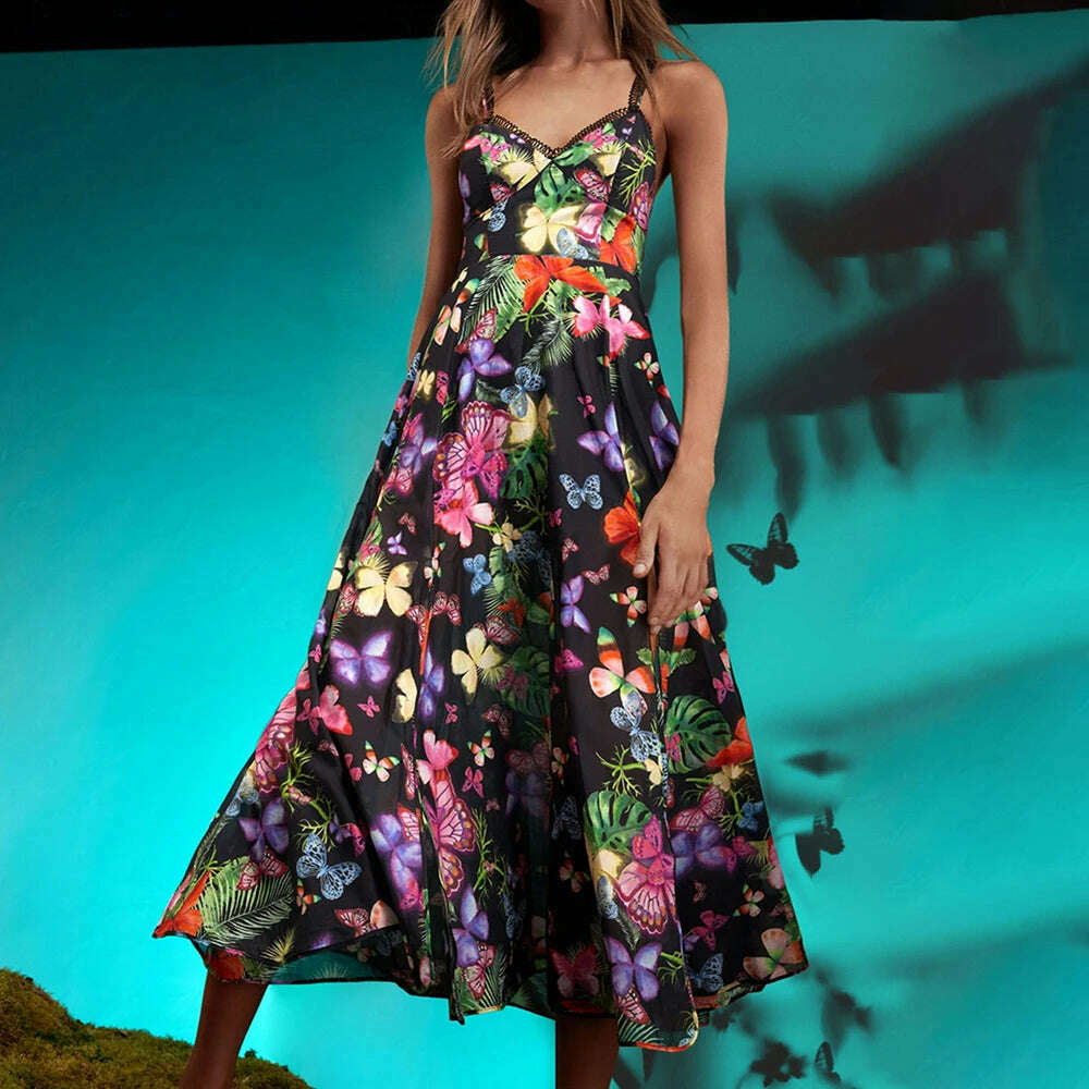 KIMLUD, VGH Printing Hit Color Long Dresses For Women Square Collar Sleeveless High Waist Temperament Camisole Dress Female Fashion New, L / BLACK, KIMLUD APPAREL - Womens Clothes