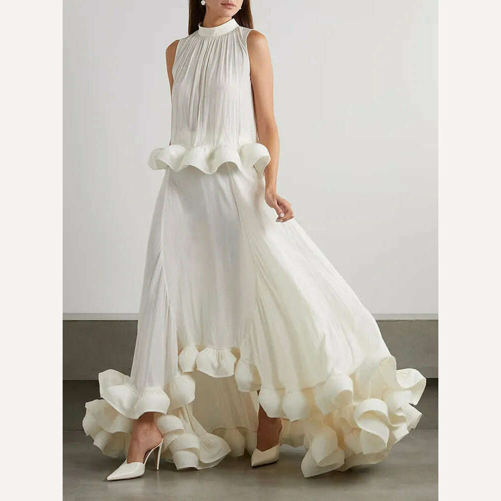 KIMLUD, VGH Ruffle Temperament Two Piece Set For Women Sleeveless Tops Pleated Irregular Hem Skirts Fashion New Clothing 2023 Style, White / S, KIMLUD Women's Clothes
