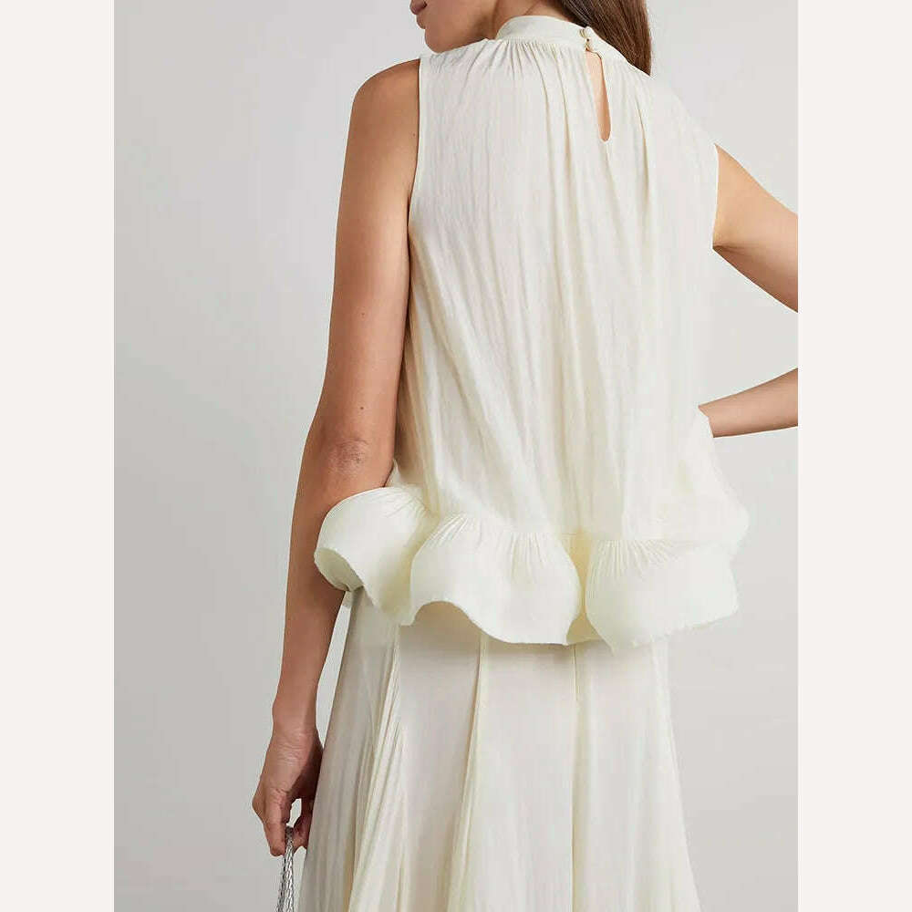 KIMLUD, VGH Ruffle Temperament Two Piece Set For Women Sleeveless Tops Pleated Irregular Hem Skirts Fashion New Clothing 2023 Style, KIMLUD Womens Clothes