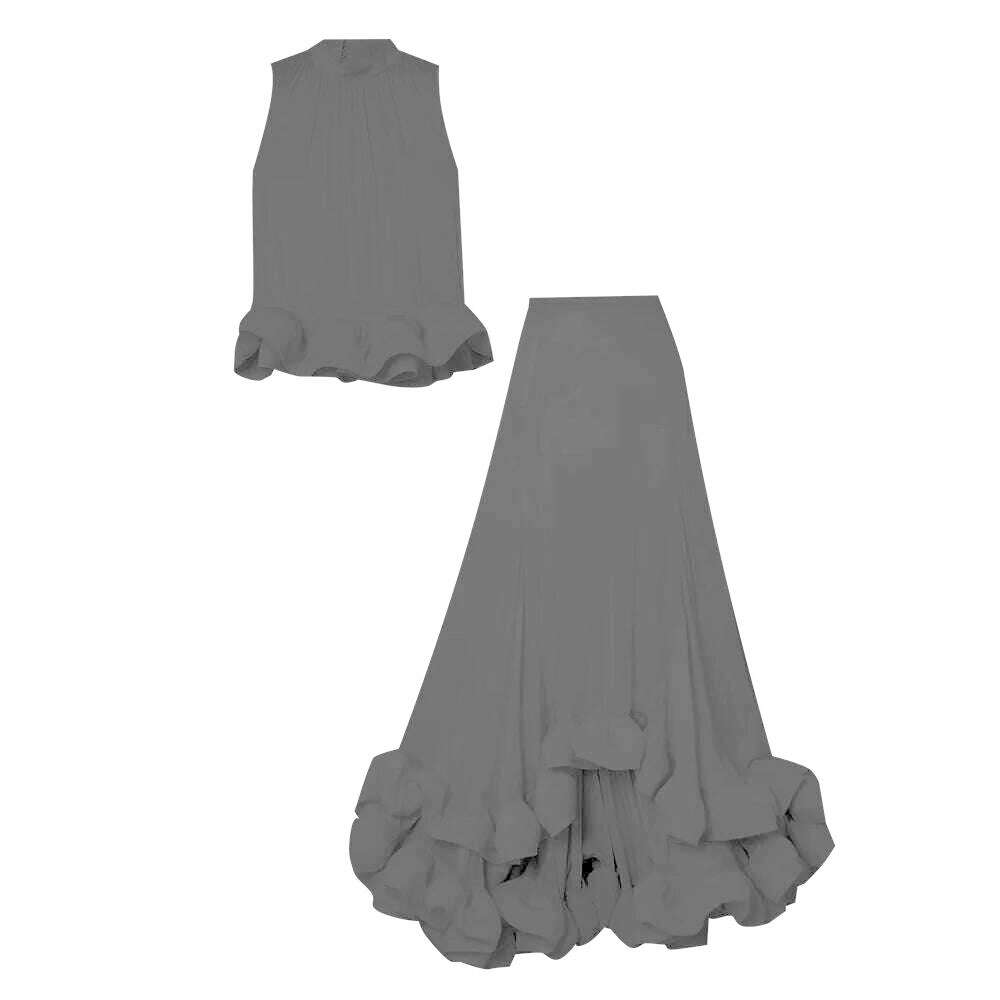 KIMLUD, VGH Ruffle Temperament Two Piece Set For Women Sleeveless Tops Pleated Irregular Hem Skirts Fashion New Clothing 2023 Style, KIMLUD Womens Clothes