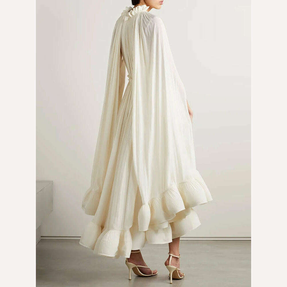VGH Ruffles Irregular Solid Dresses For Women V Neck Cloak Sleeves High Waist Spliced Lace Up Loose Folds Dress Female Summer - KIMLUD