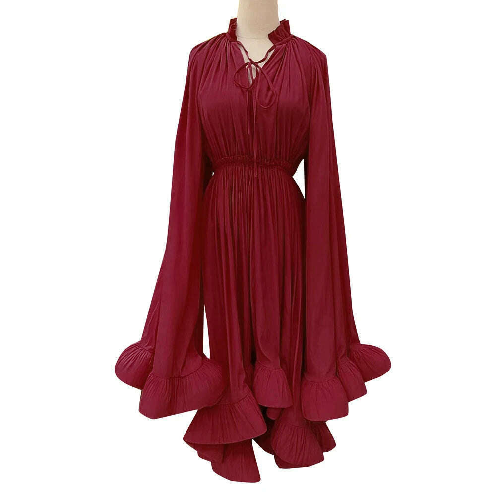 VGH Ruffles Irregular Solid Dresses For Women V Neck Cloak Sleeves High Waist Spliced Lace Up Loose Folds Dress Female Summer, Winered / S, KIMLUD Women's Clothes
