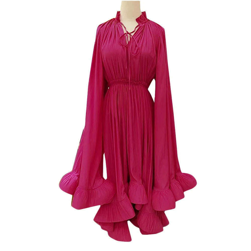 VGH Ruffles Irregular Solid Dresses For Women V Neck Cloak Sleeves High Waist Spliced Lace Up Loose Folds Dress Female Summer, Rose / S, KIMLUD Women's Clothes