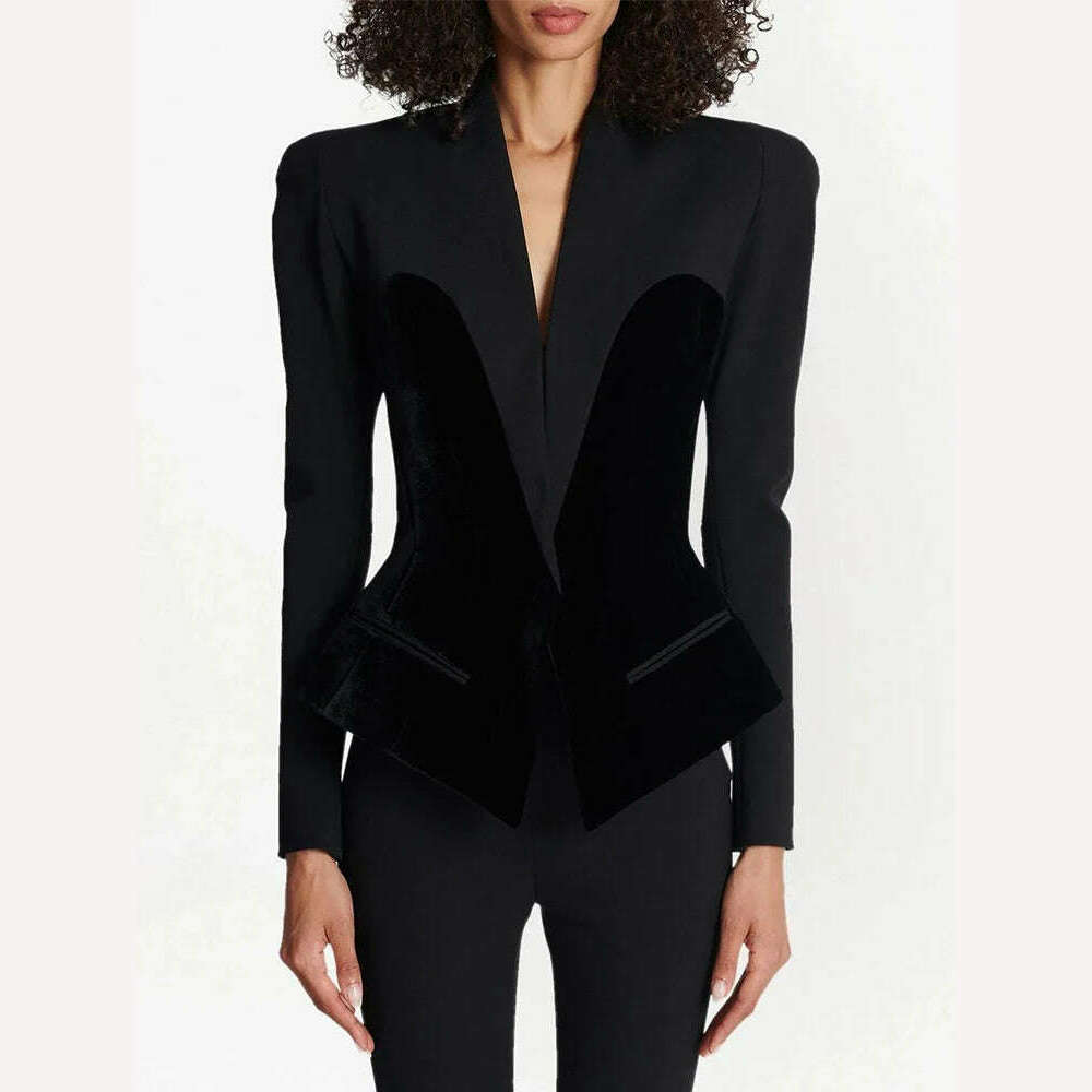 KIMLUD, VGH Soild Patchwork Velvet Blazer For Women Notched Collar Long Sleeve Spliced Pockets Slimming Blazers Female Autumn Clothing, KIMLUD Womens Clothes