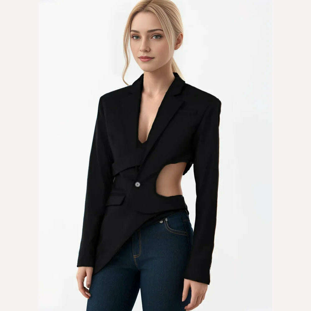 KIMLUD, VGH Solid Hollow Out Sexy Backless Blazers For Women Notched Collar Long Sleeve Patchwork Button Asymmetrical Blazer Female New, KIMLUD Women's Clothes