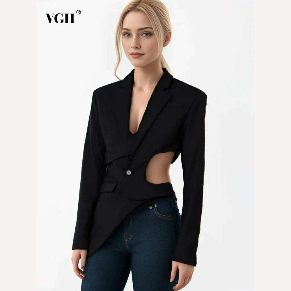 KIMLUD, VGH Solid Hollow Out Sexy Backless Blazers For Women Notched Collar Long Sleeve Patchwork Button Asymmetrical Blazer Female New, KIMLUD Womens Clothes