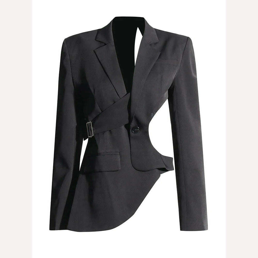 KIMLUD, VGH Solid Hollow Out Sexy Backless Blazers For Women Notched Collar Long Sleeve Patchwork Button Asymmetrical Blazer Female New, BLACK / M, KIMLUD APPAREL - Womens Clothes
