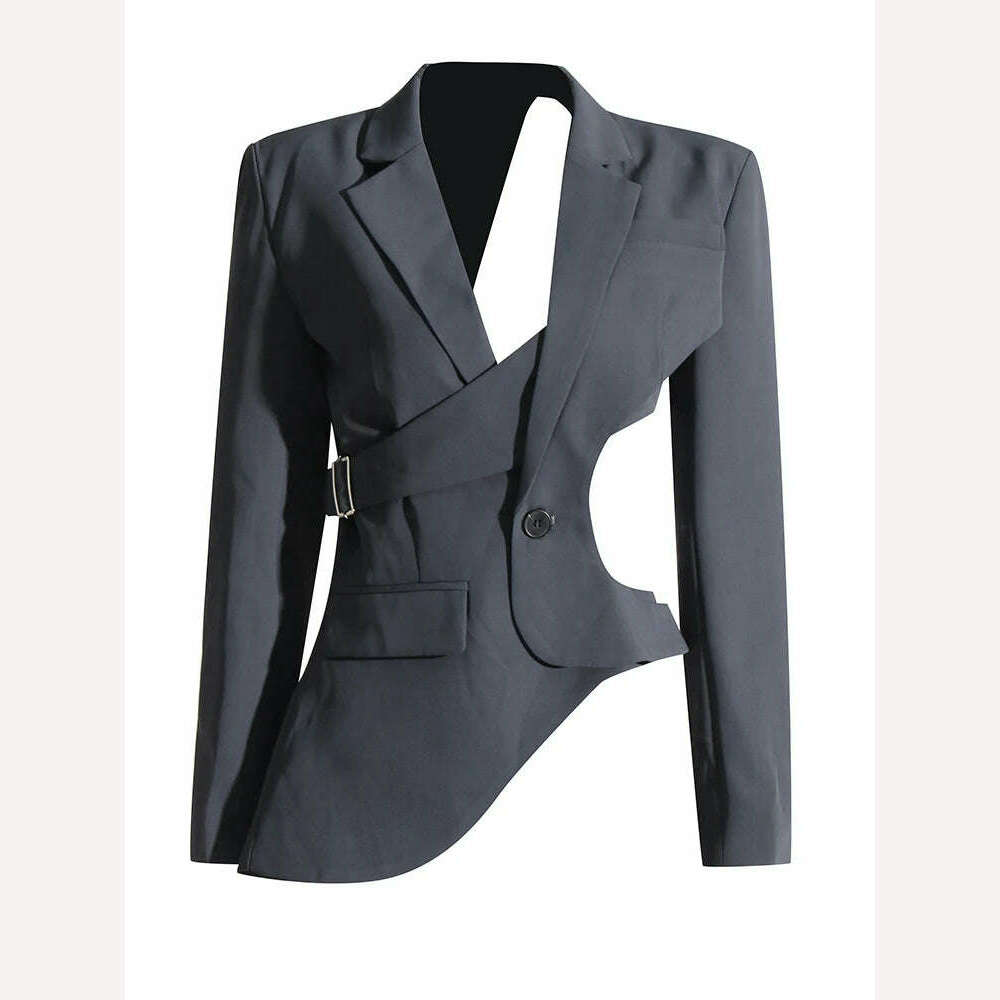 KIMLUD, VGH Solid Hollow Out Sexy Backless Blazers For Women Notched Collar Long Sleeve Patchwork Button Asymmetrical Blazer Female New, GRAY / S, KIMLUD APPAREL - Womens Clothes