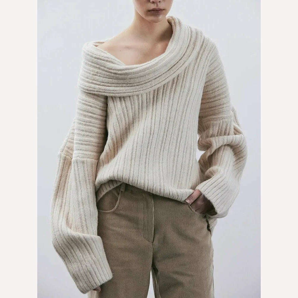 KIMLUD, VGH Solid Knitting Minimalist Loose Sweaters For Women Diagonal Collar Long Sleeve Off Shoulder Casual Pullover Sweater Female, KIMLUD Womens Clothes