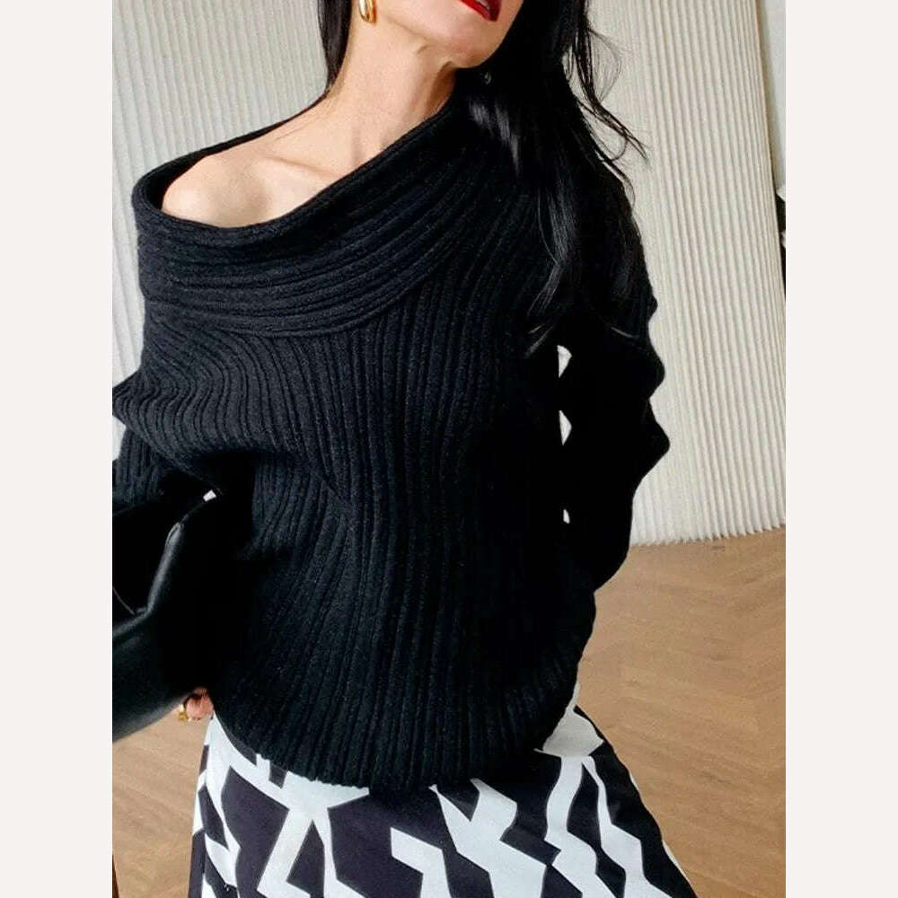 KIMLUD, VGH Solid Knitting Minimalist Loose Sweaters For Women Diagonal Collar Long Sleeve Off Shoulder Casual Pullover Sweater Female, KIMLUD Womens Clothes