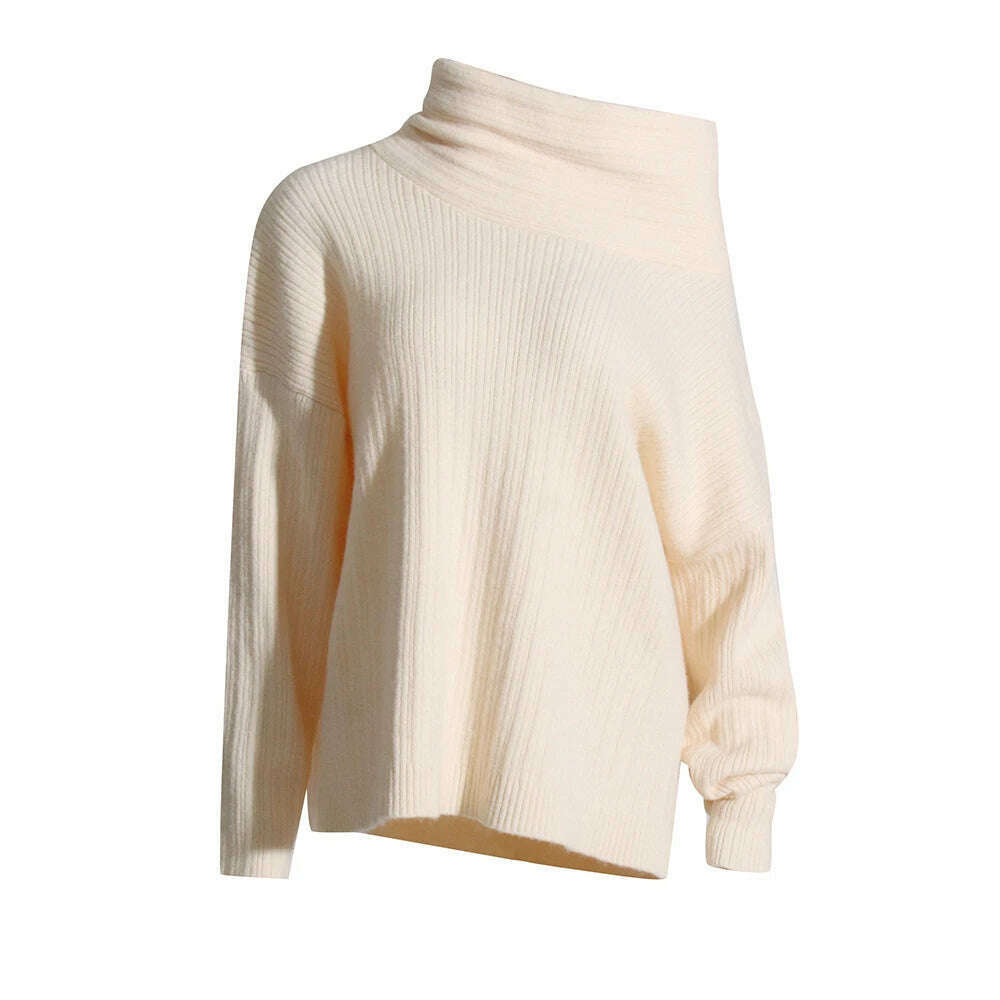 KIMLUD, VGH Solid Knitting Minimalist Loose Sweaters For Women Diagonal Collar Long Sleeve Off Shoulder Casual Pullover Sweater Female, APRICOT / One Size, KIMLUD Women's Clothes