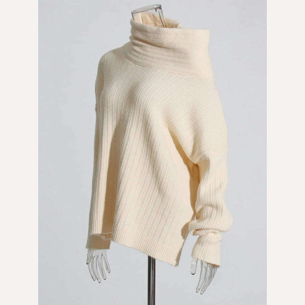 KIMLUD, VGH Solid Knitting Minimalist Loose Sweaters For Women Diagonal Collar Long Sleeve Off Shoulder Casual Pullover Sweater Female, KIMLUD Womens Clothes