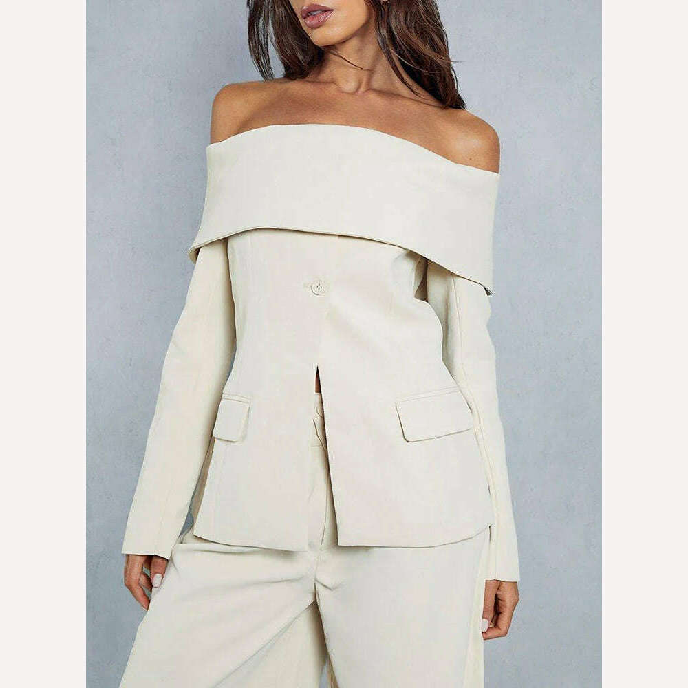 VGH Solid Minimalist Blazers For Women Slash Neck Long Sleeve Off Shoulder Spliced Button Temperament Blazer Female Fashion New - KIMLUD