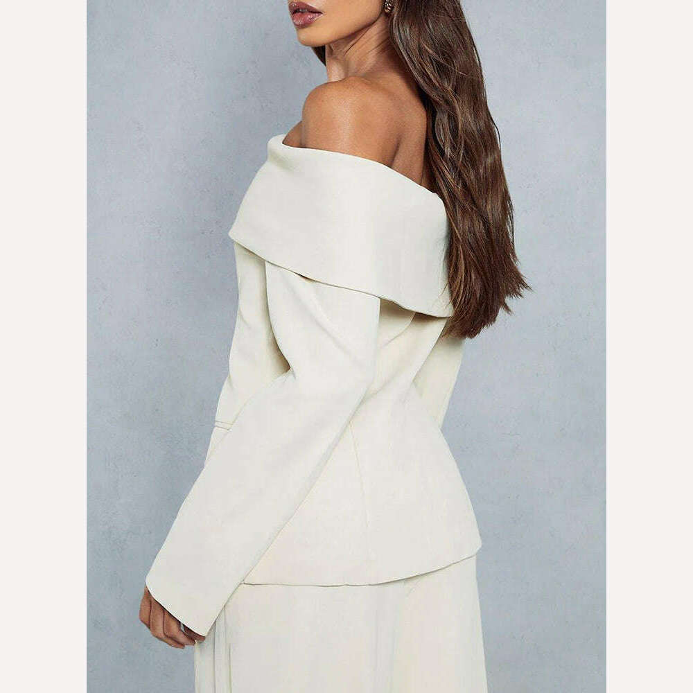 VGH Solid Minimalist Blazers For Women Slash Neck Long Sleeve Off Shoulder Spliced Button Temperament Blazer Female Fashion New - KIMLUD