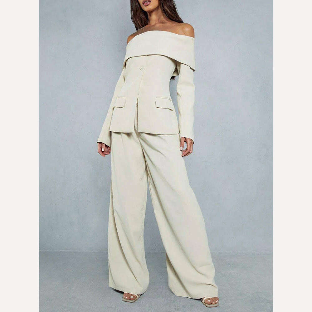 VGH Solid Minimalist Blazers For Women Slash Neck Long Sleeve Off Shoulder Spliced Button Temperament Blazer Female Fashion New - KIMLUD