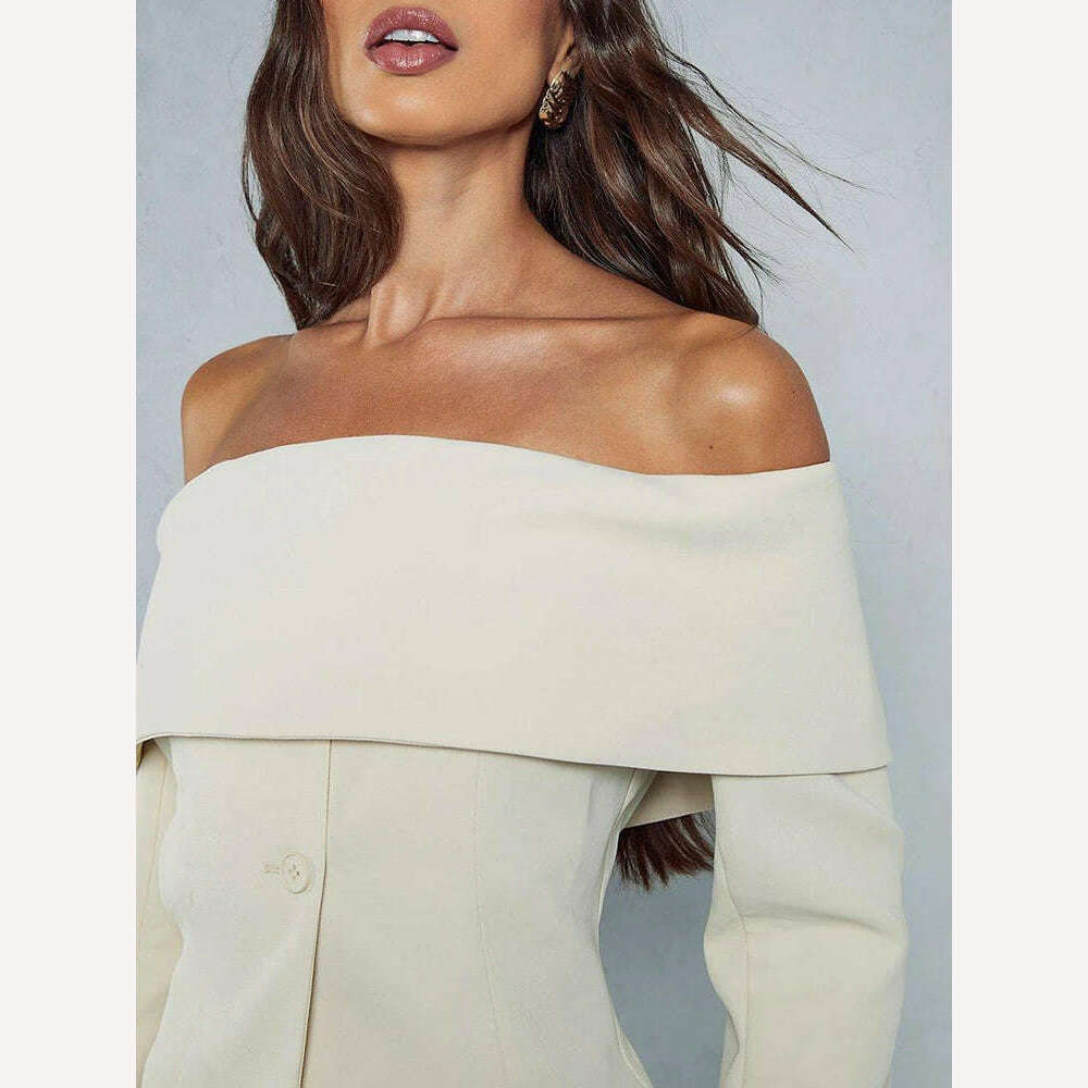 VGH Solid Minimalist Blazers For Women Slash Neck Long Sleeve Off Shoulder Spliced Button Temperament Blazer Female Fashion New - KIMLUD