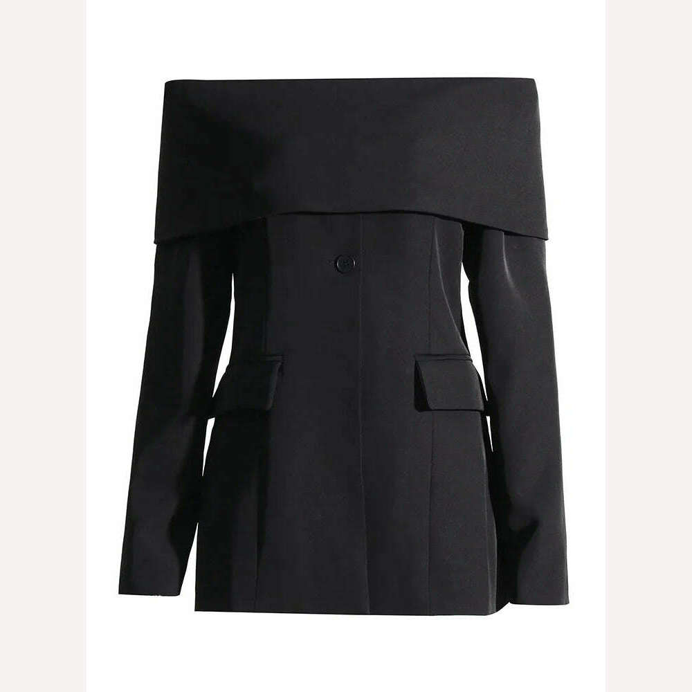 VGH Solid Minimalist Blazers For Women Slash Neck Long Sleeve Off Shoulder Spliced Button Temperament Blazer Female Fashion New - KIMLUD