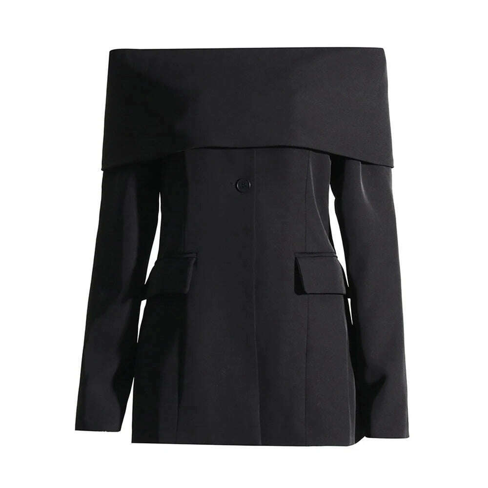 KIMLUD, VGH Solid Minimalist Blazers For Women Slash Neck Long Sleeve Off Shoulder Spliced Button Temperament Blazer Female Fashion New, BLACK / S, KIMLUD Womens Clothes
