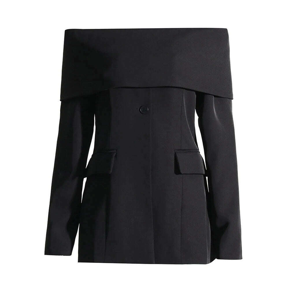 VGH Solid Minimalist Blazers For Women Slash Neck Long Sleeve Off Shoulder Spliced Button Temperament Blazer Female Fashion New - KIMLUD