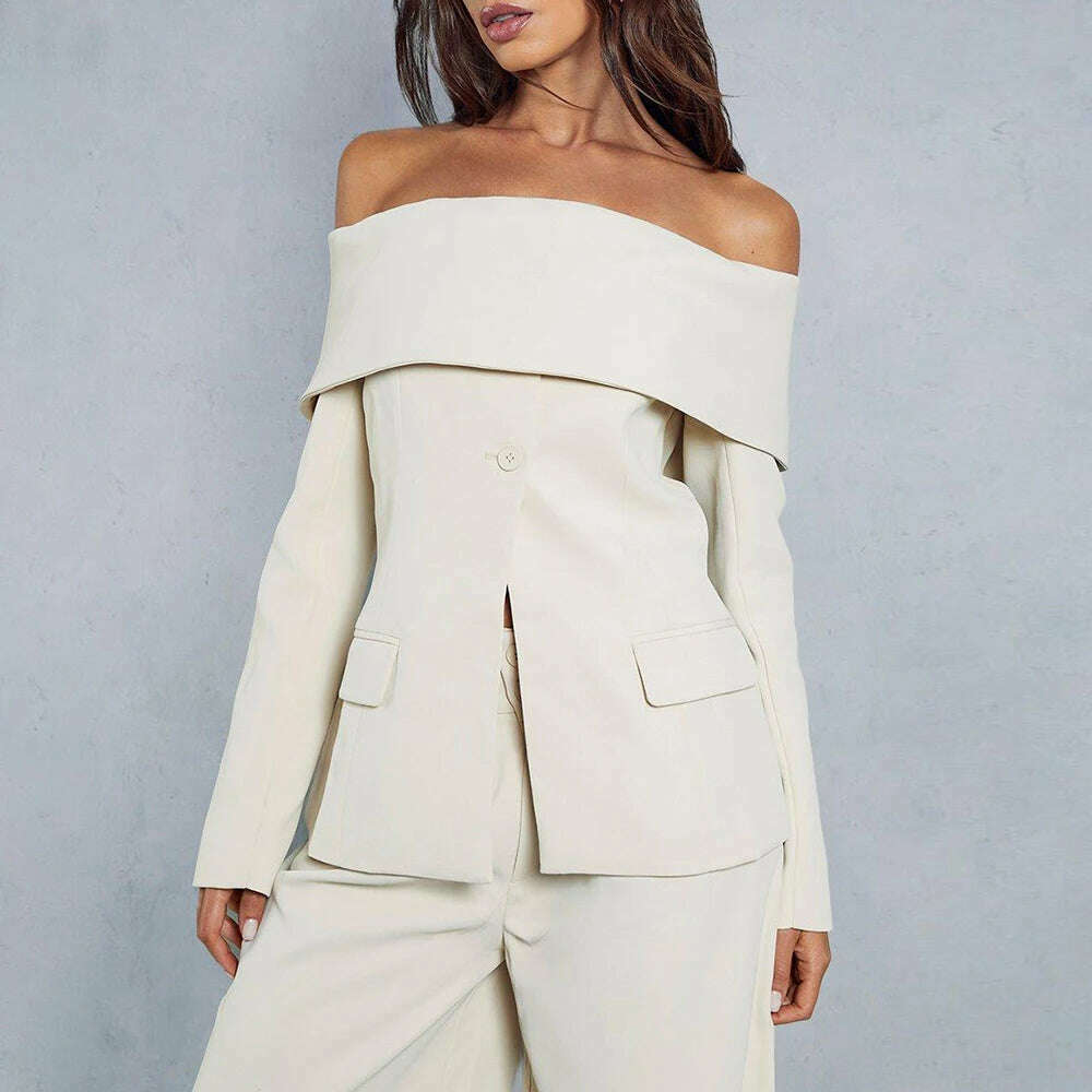 VGH Solid Minimalist Blazers For Women Slash Neck Long Sleeve Off Shoulder Spliced Button Temperament Blazer Female Fashion New - KIMLUD