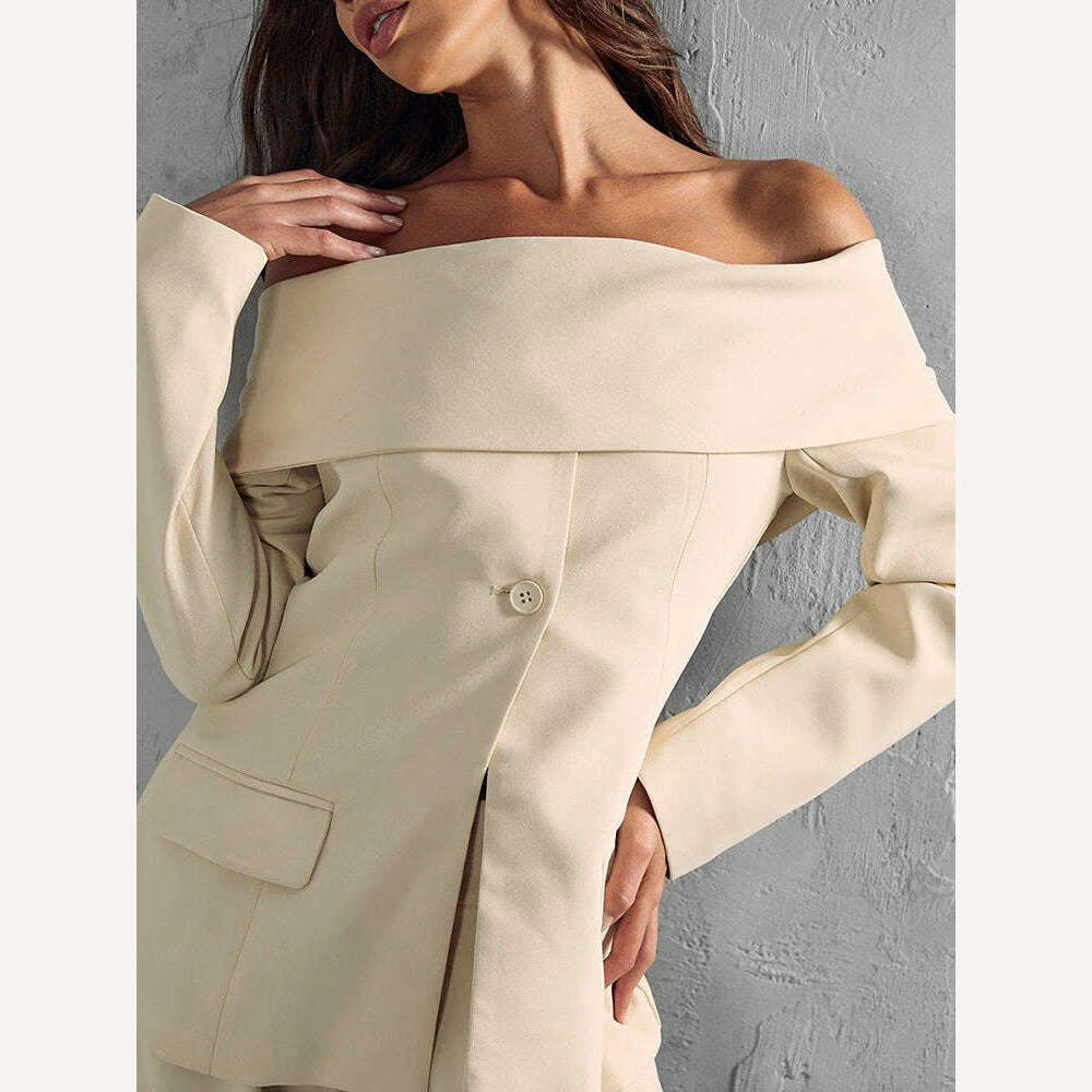 VGH Solid Minimalist Blazers For Women Slash Neck Long Sleeve Off Shoulder Spliced Button Temperament Blazer Female Fashion New - KIMLUD