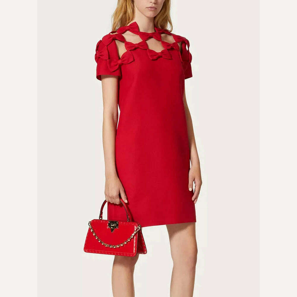 KIMLUD, VGH Solid Patchwork Bowknot Casual Mini Dresses For Women Round Neck Short Sleeve High Waist Hollow Out Elegant Dress Female New, Red / M, KIMLUD APPAREL - Womens Clothes