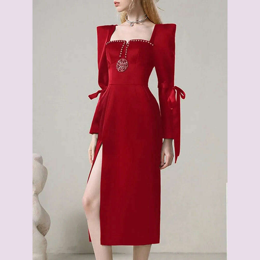 KIMLUD, VGH Solid Patchwork Diamonds Elegant Dress For Women Square Collar Long Sleeve High Waist Spliced Lace Up Split Dresses Female, KIMLUD Womens Clothes