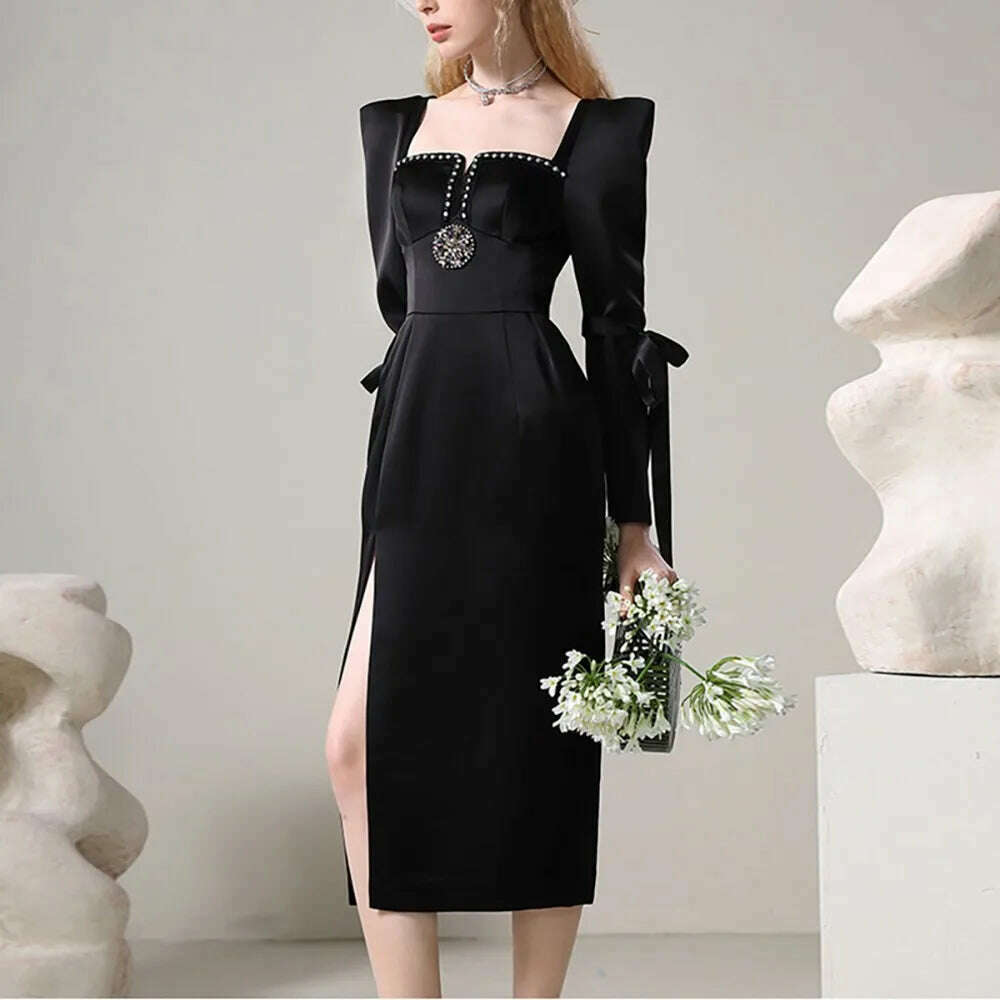 KIMLUD, VGH Solid Patchwork Diamonds Elegant Dress For Women Square Collar Long Sleeve High Waist Spliced Lace Up Split Dresses Female, BLACK / L, KIMLUD APPAREL - Womens Clothes