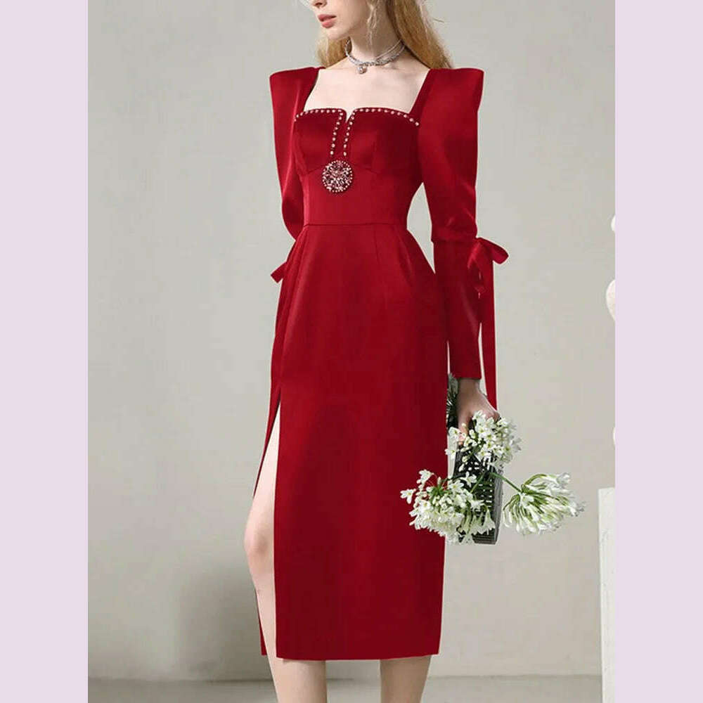 KIMLUD, VGH Solid Patchwork Diamonds Elegant Dress For Women Square Collar Long Sleeve High Waist Spliced Lace Up Split Dresses Female, KIMLUD Womens Clothes